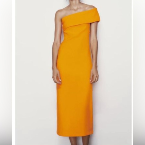 Zara Bright Orange Off The Shoulder Dress - Picture 1 of 6